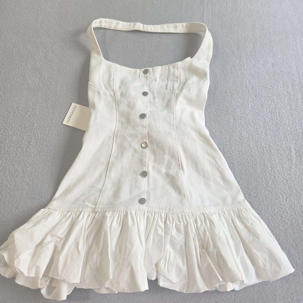 Peppermayo Denim Mini Dress Womens S White Corset Bubble Hem Snap Front Halter